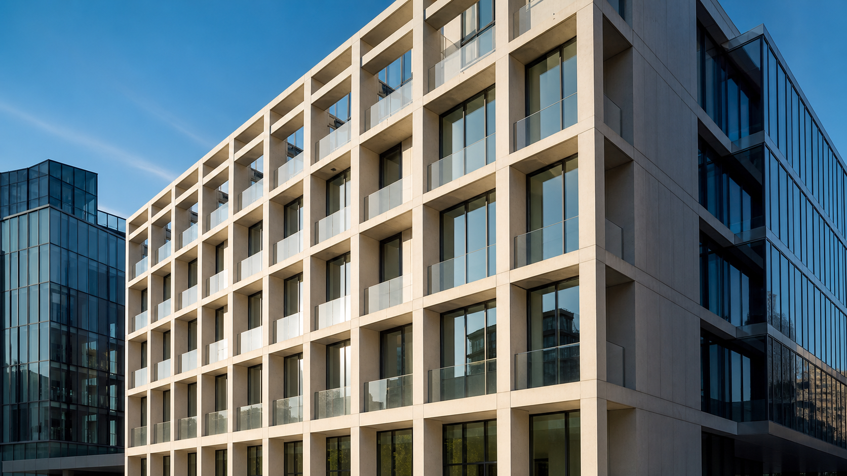 Facciata di un edificio moderno a Milano fotografata con luce naturale