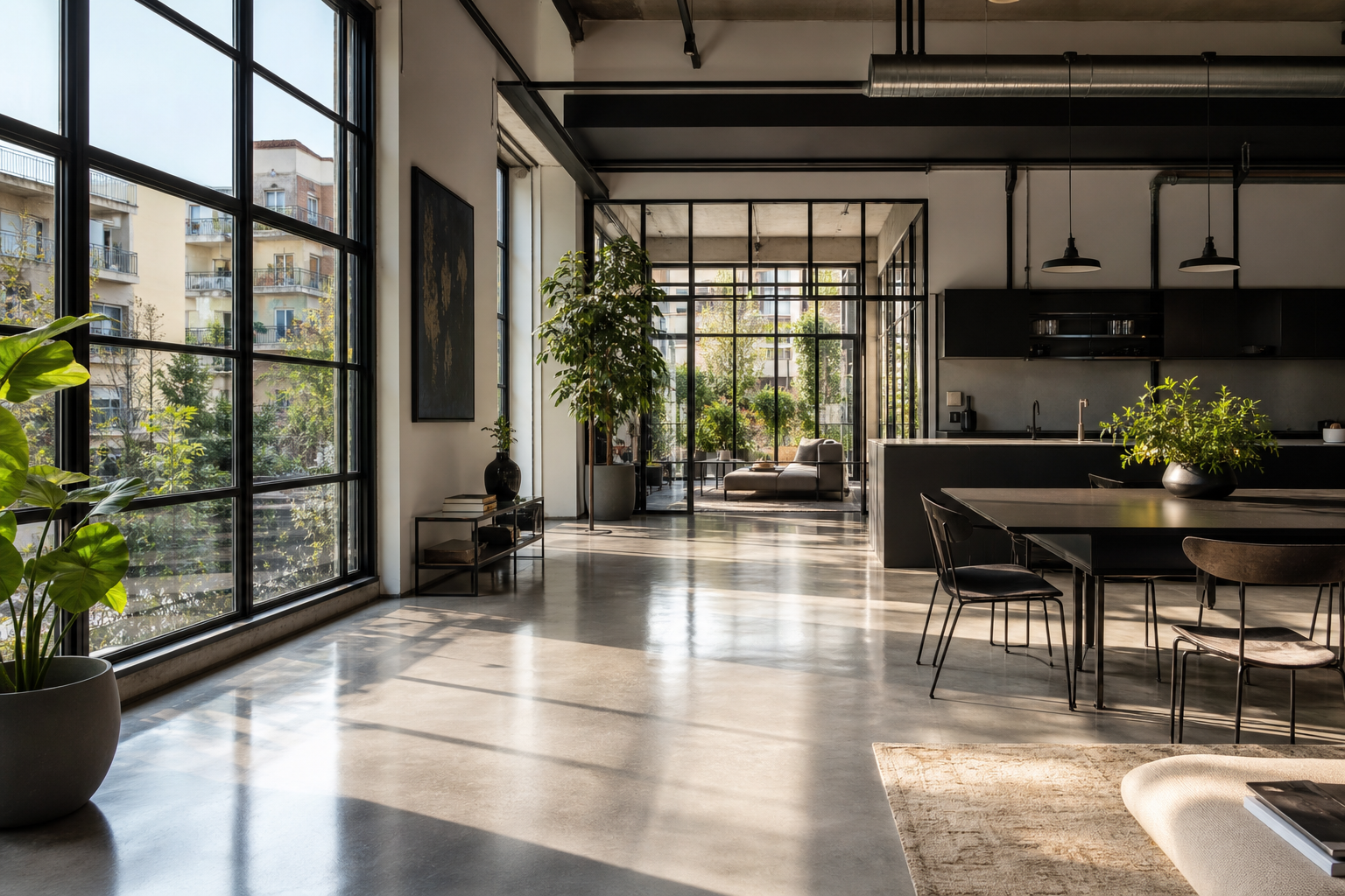 Loft industriale con pavimento in cemento e vetrate in acciaio