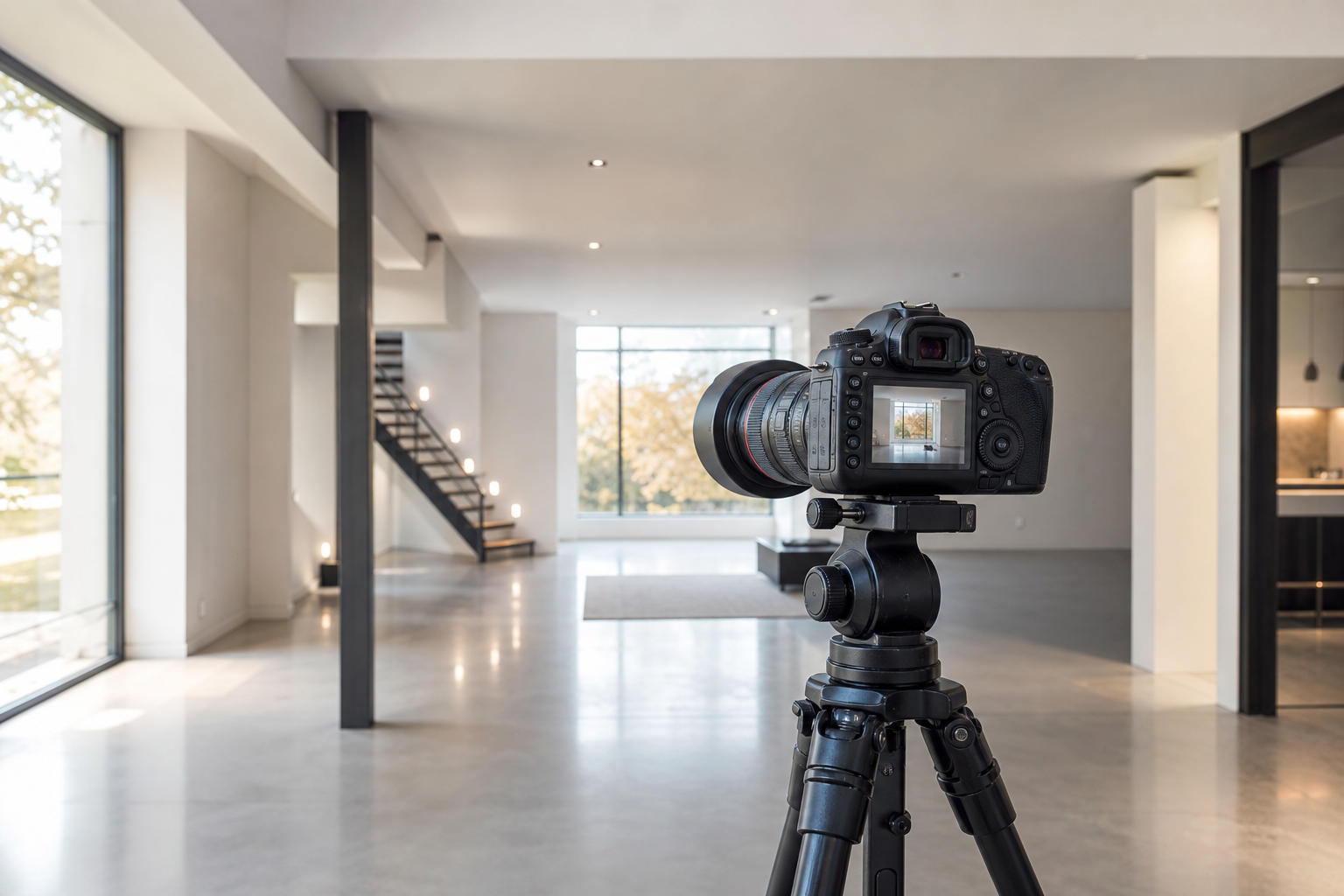 Fotocamera su treppiede in un interno architettonico luminoso